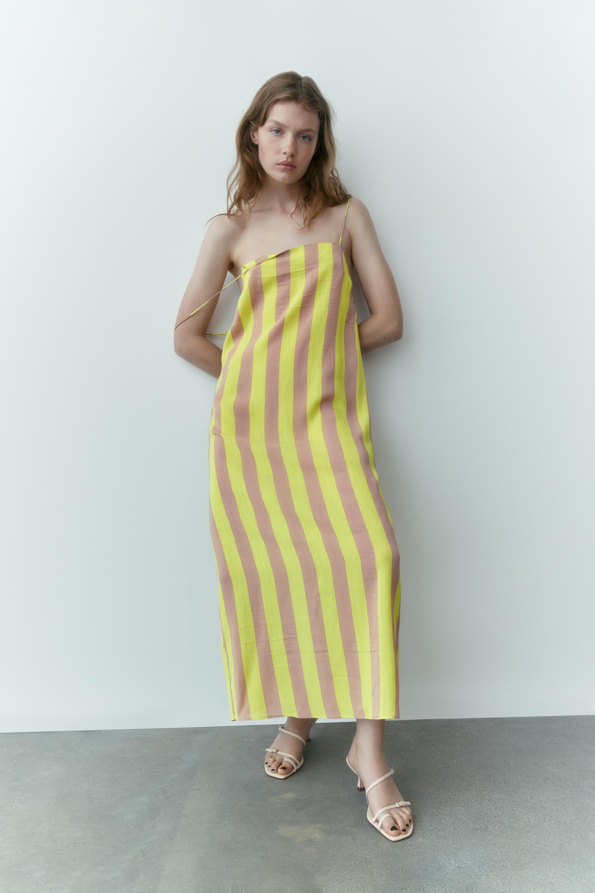 ROBE MI LONGUE A RAYURES Jaune fluo ZARA France